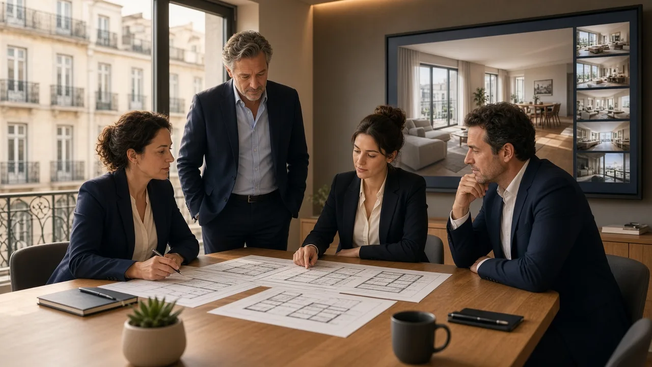 Consultores de remax portugal em reunião de briefing numa agência de mediação imobiliária contemporânea, com plantas de piso e ecrãs de listagens ao fundo.