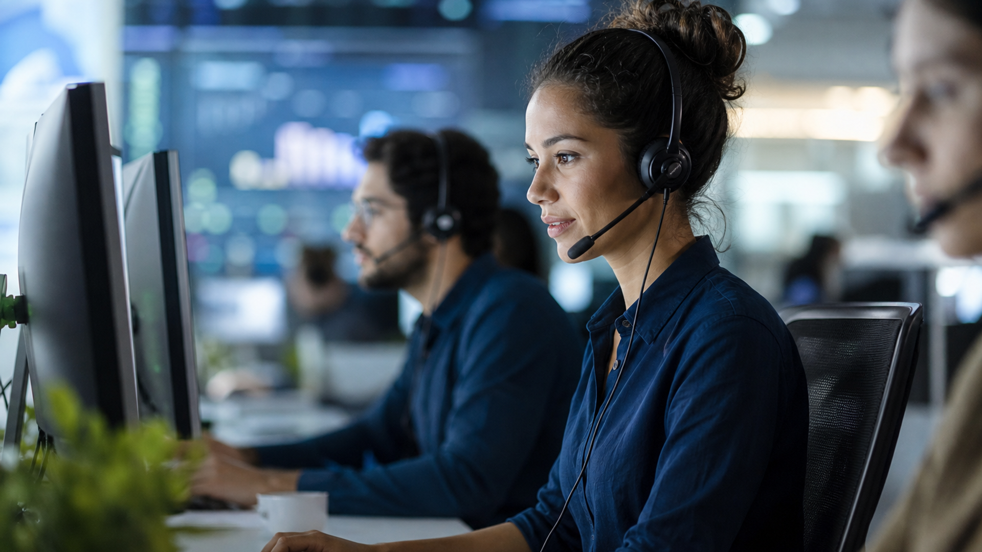 Centro de contacto na cloud com headsets e ecrãs suaves, fotografia editorial sobre software empresarial SaaS em Portugal.